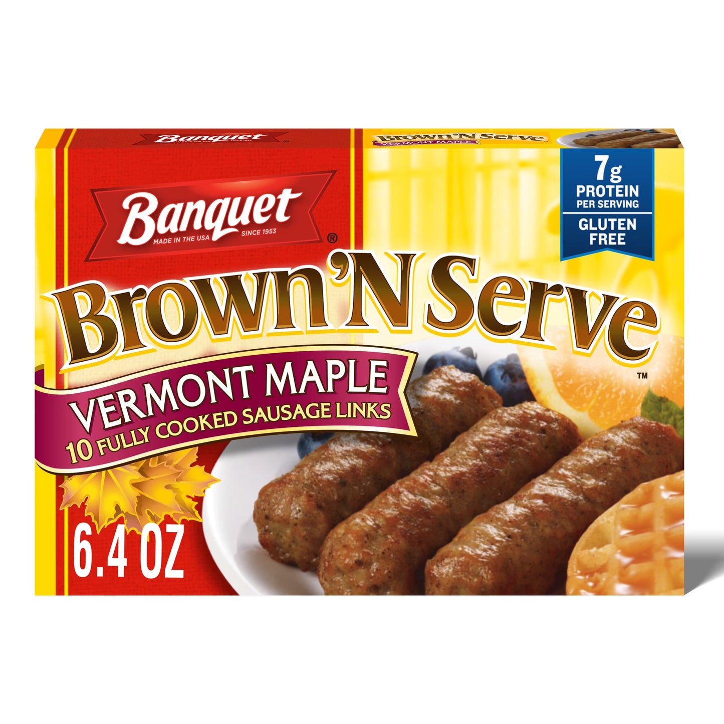 Banquet Brown'N Serve Vermont Maple Fully Cooked Sausage Links, Frozen Breakfast, 6.4 oz