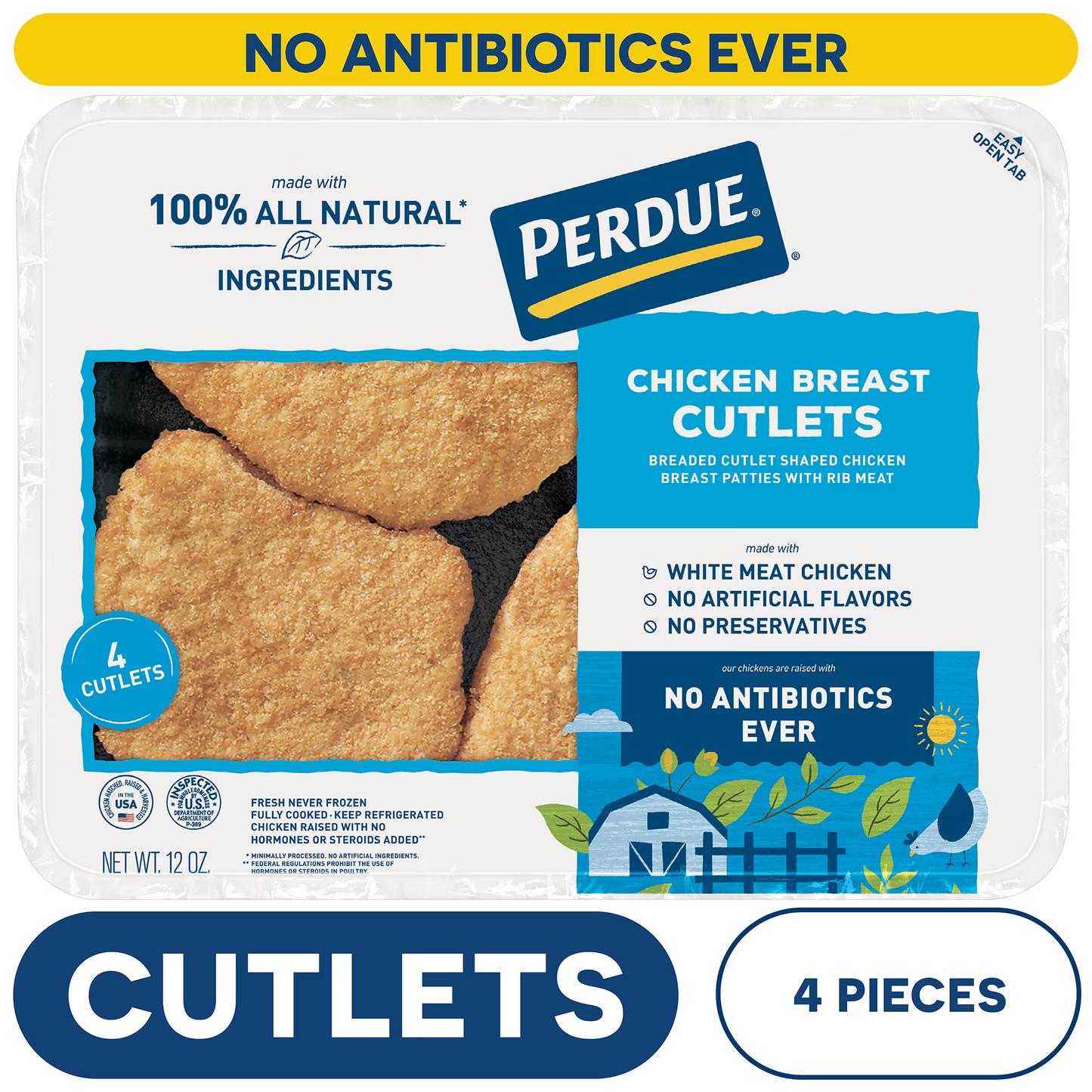 Perdue, No Antibiotics Ever, Refrigerated Breaded Chicken Breast Cutlet Patties, 12 oz. Tray