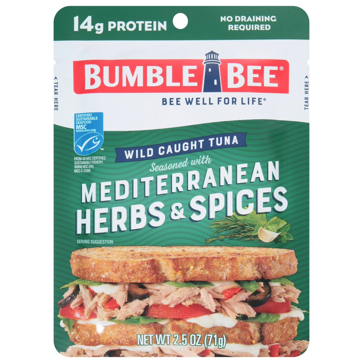 Bumble Bee Mediterranean Herbs & Spices Seasoned Light Tuna, Wild Caught 2.5oz