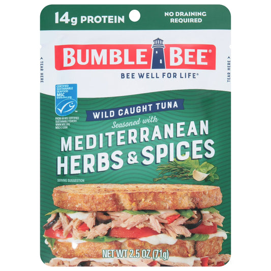 Bumble Bee Mediterranean Herbs & Spices Seasoned Light Tuna, Wild Caught 2.5oz