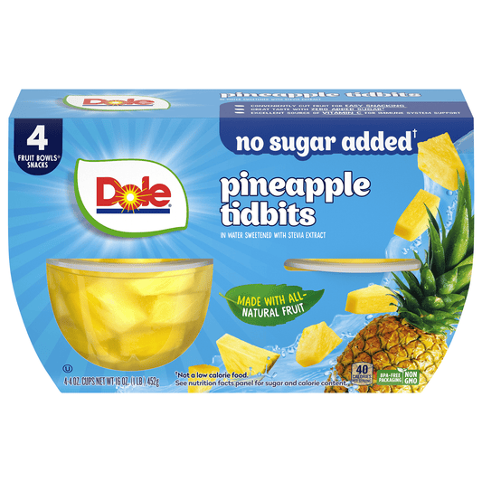 Dole Fruit Bowls Pineapple Tidbits in 100% Fruit Juice, 4 oz Cups (4 Pack)