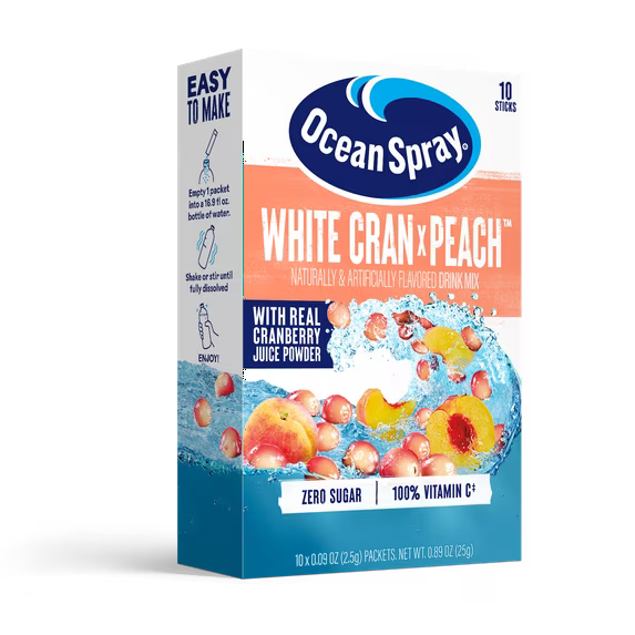 Ocean Spray On-The-Go Powdered Drink Mix, White Cran Peach, Zero Sugar, 10 Count